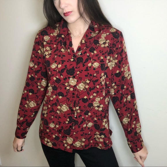 Red with Black and Tan flowers button down - Picture 3 of 6